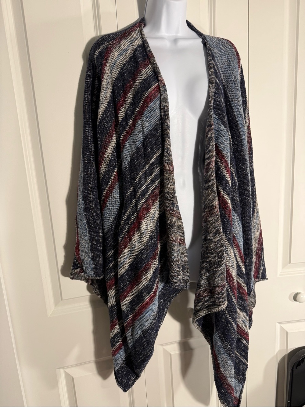 Free People Striped Open Front Poncho in Navy, Light Blue & Burgundy - Picture 6 of 7